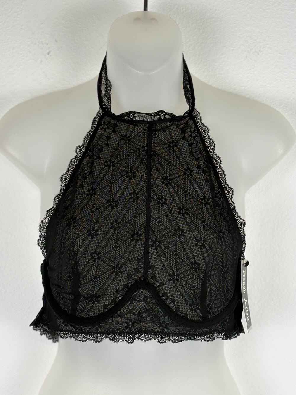 French Affair High Neck Halter Underwire Sheer Floral Lace Bra Black Size L NWT